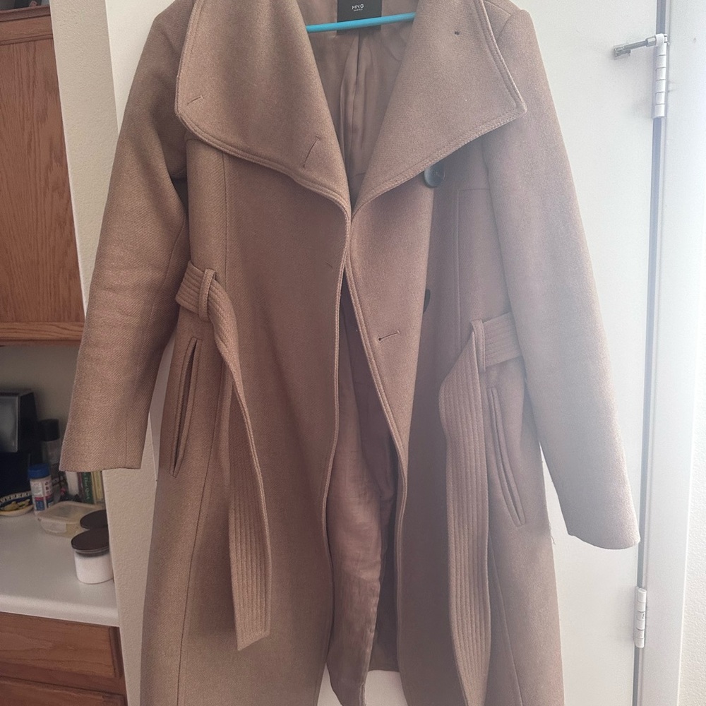 Mango Elegant Tan Belted Wool Coat